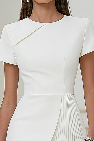 Ivory Satin Pleated A Line Short Work Dress with Short Sleeves